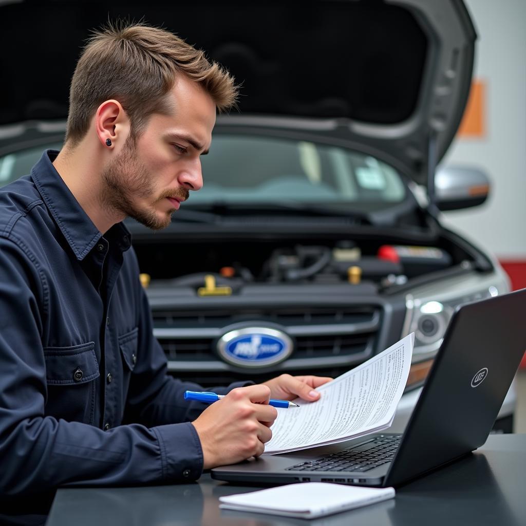 Mechanic Studying ASE Material on Laptop