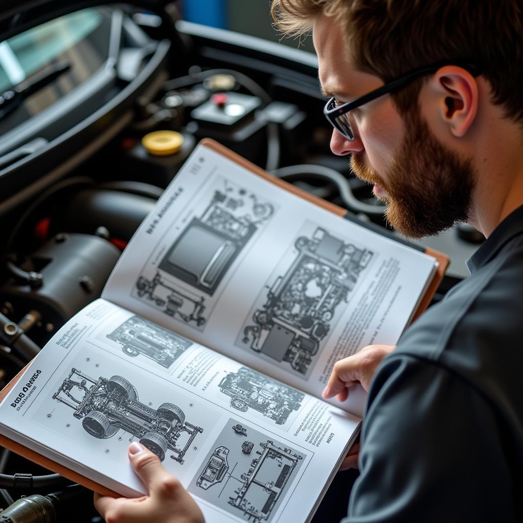 Mechanic studying ASE prep guide with diagrams and notes