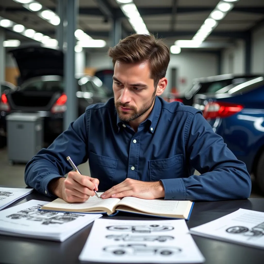 Mechanic Preparing for ASE Exam