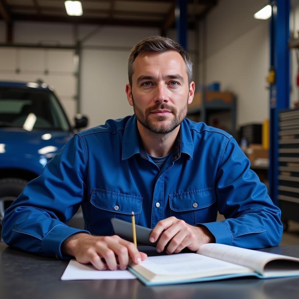 Mechanic Reviewing Study Material for the ASE G1 Exam