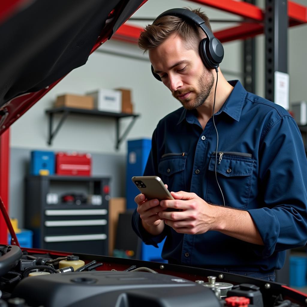 Mechanic Studying with ASE Audiobook in Garage