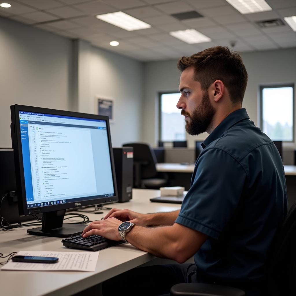 Mechanic taking ASE test on computer