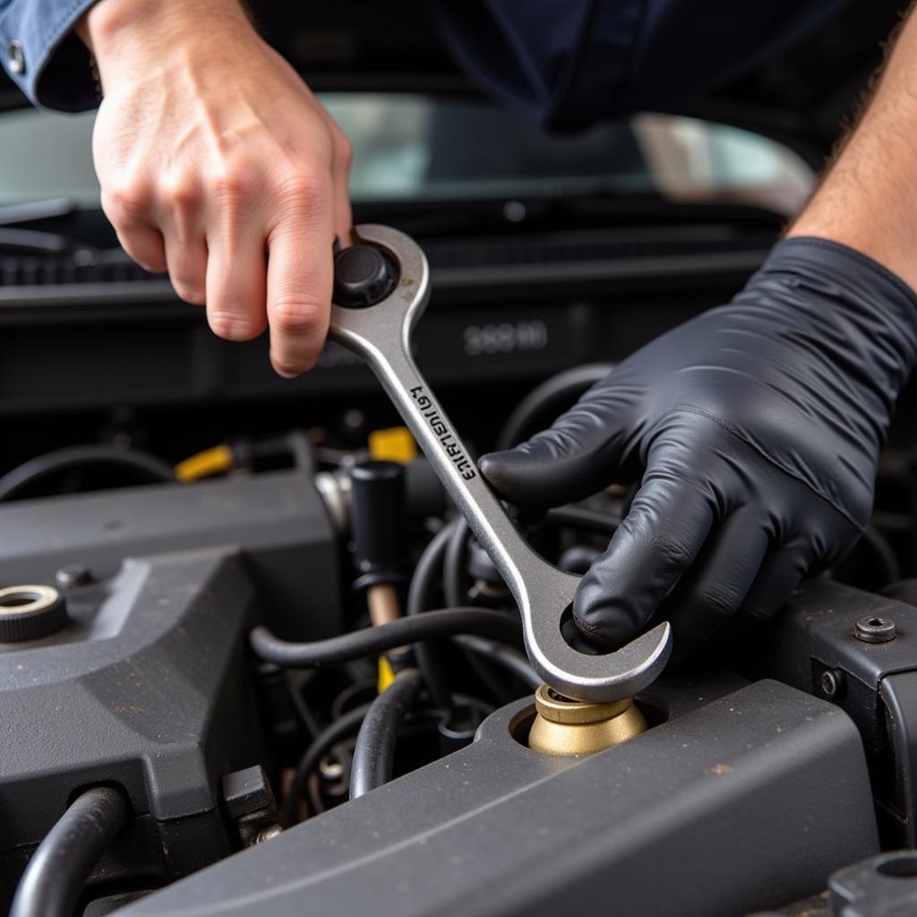 A mechanic utilizing the ase standard grip super thin wrench to access a fastener in a confined area of a car engine.