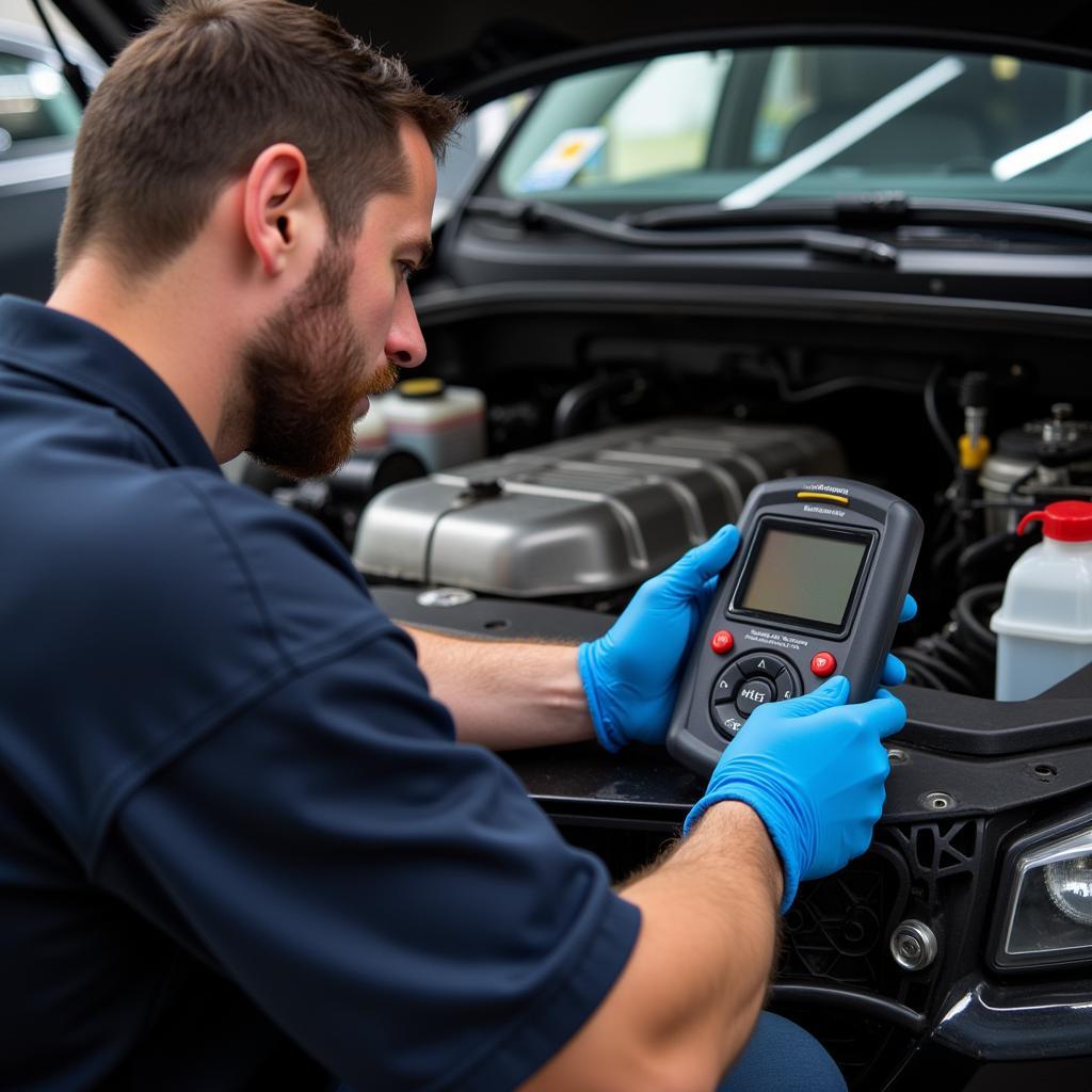 Mechanic Using Diagnostic Tool on Automatic Transmission