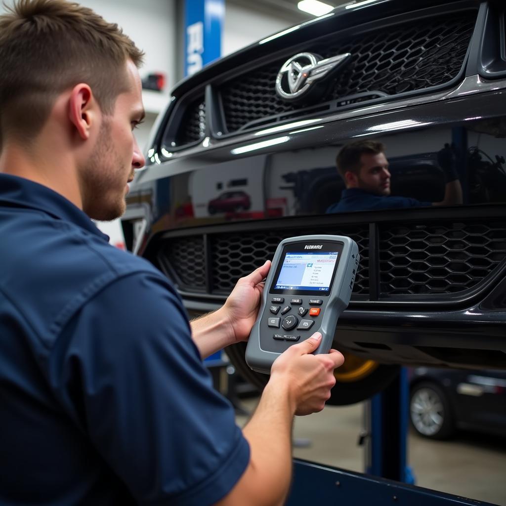 Mechanic using a diagnostic tool to prepare for his ASE exam