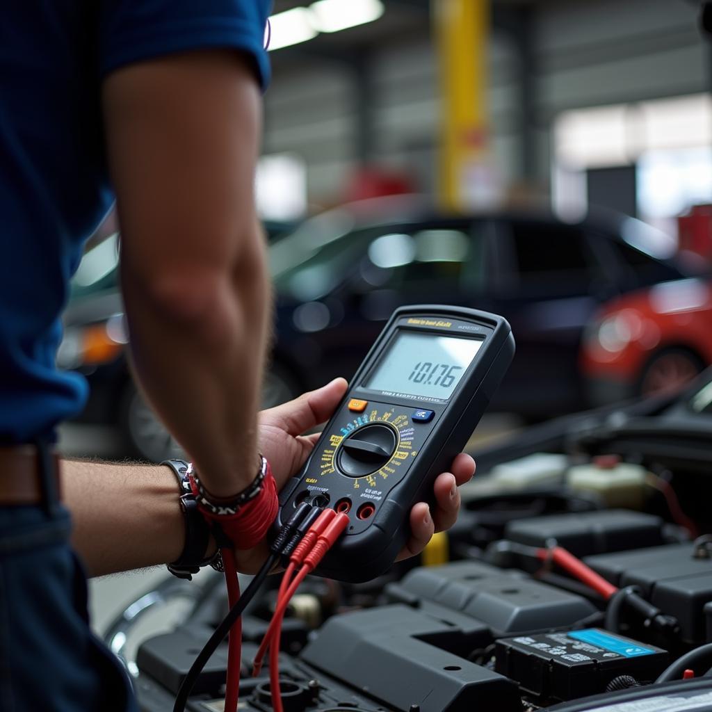 Automotive Technician Testing Car Battery