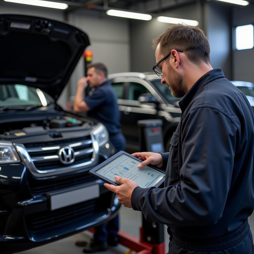 Mechanic Using Digital Tablet for Diagnostics