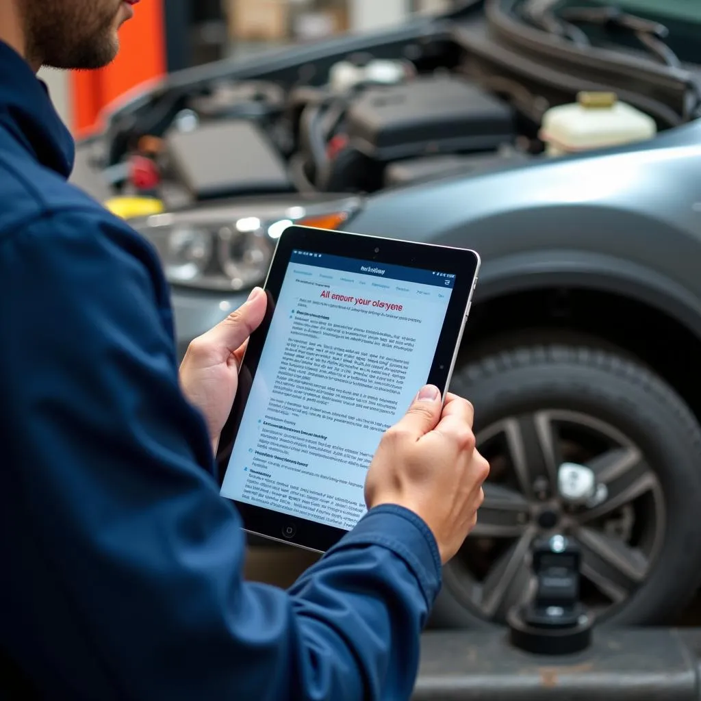 Mechanic Using Digital Tablet for ASE Prep