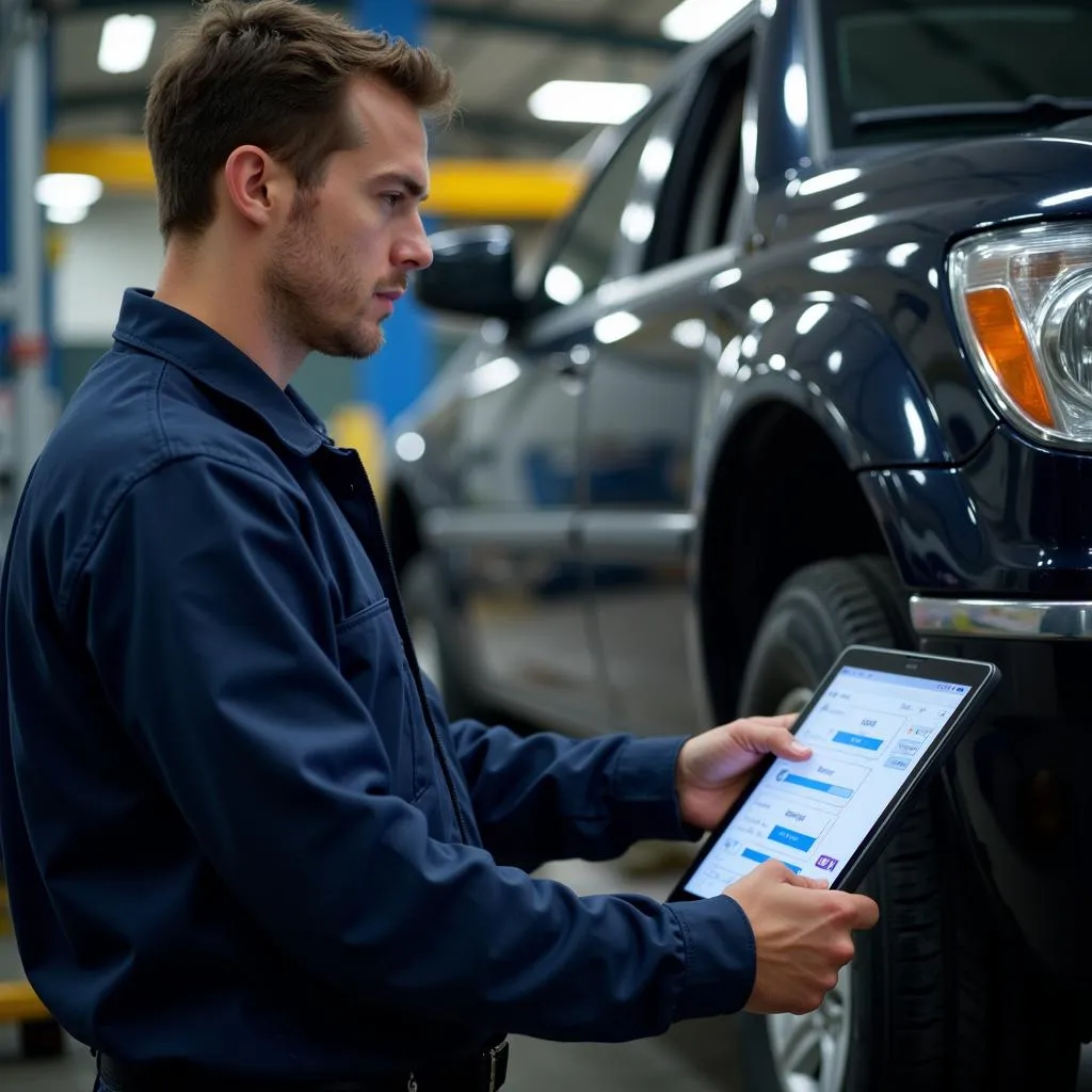 Mechanic with Digital Tablet for Diagnostics