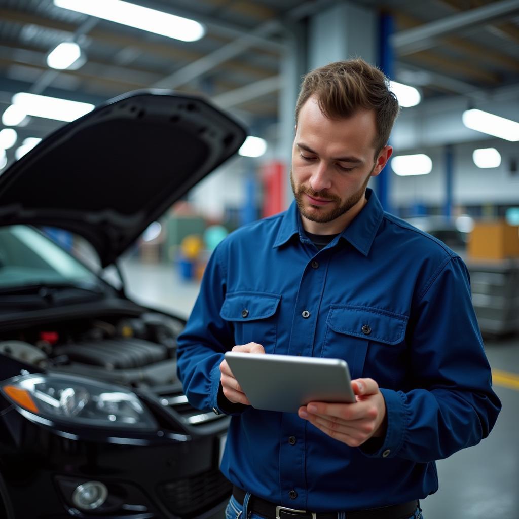 Mechanic Using Digital Tablet for Diagnostics