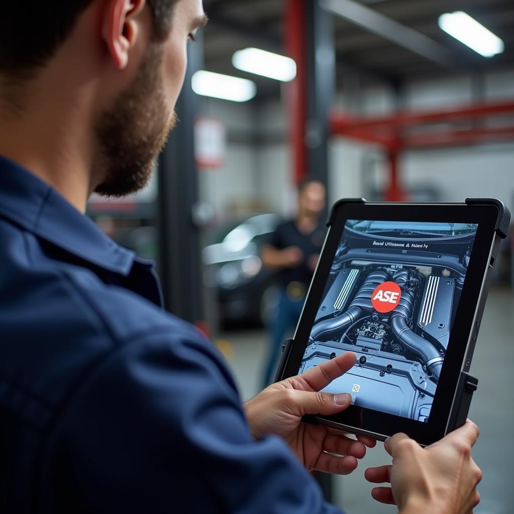 Mechanic Using Digital Tablet in Repair Shop