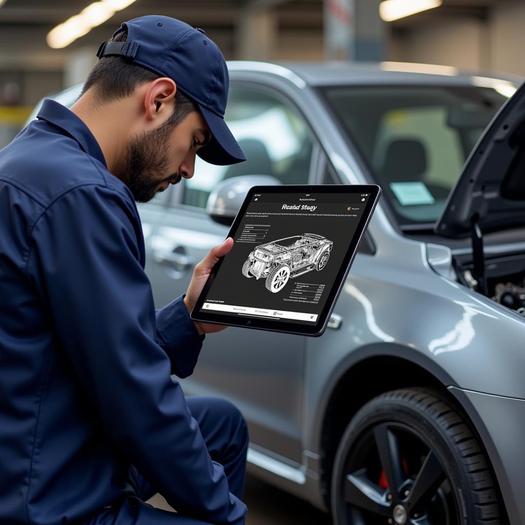 Mechanic Using Digital Tablet for ASE Exam Prep