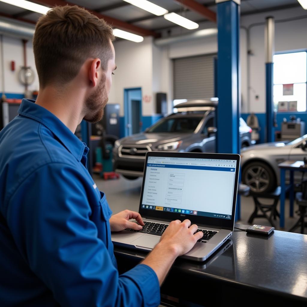 Mechanic Using Laptop for ASE Registration