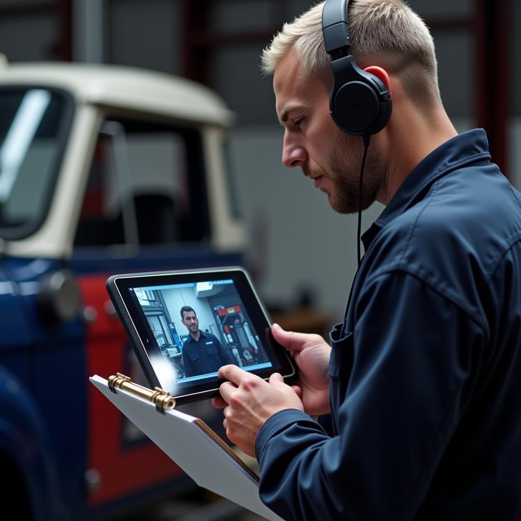 Mechanic Studying ASE Material on Tablet