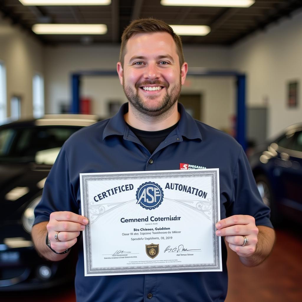 Mechanic Holding ASE Certificate