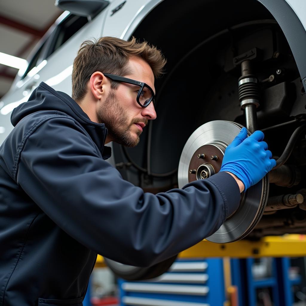 Mechanic Working on Brakes in Garage