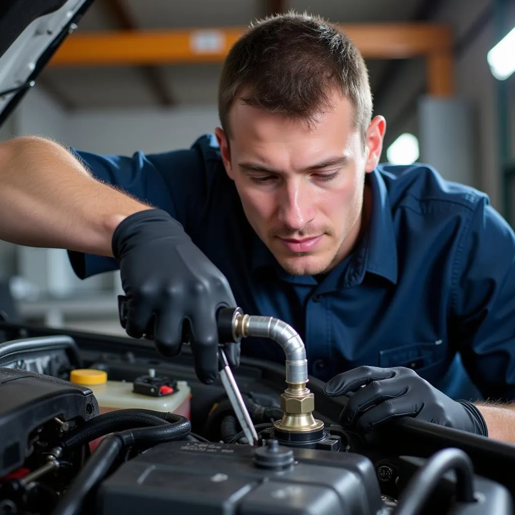 Mechanic Working on Car AC System