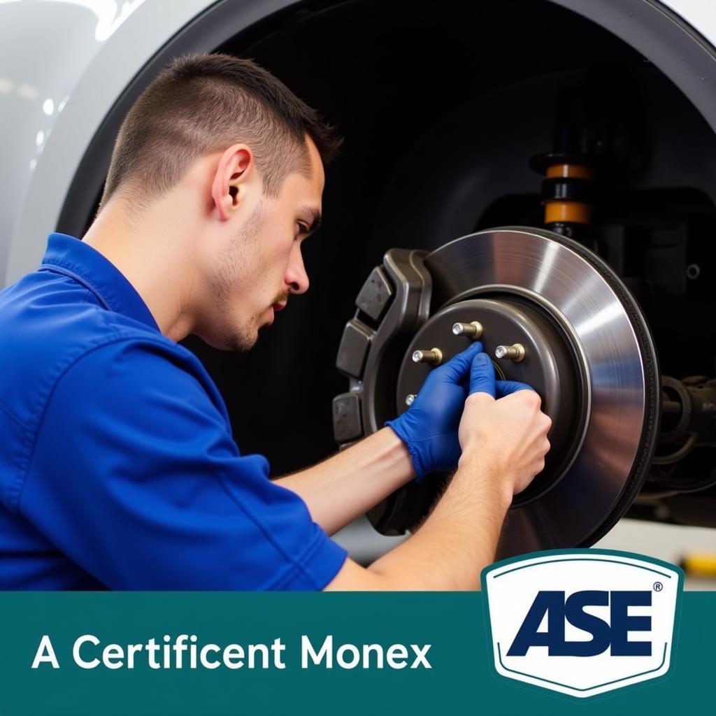 Mechanic inspecting car brakes in a garage