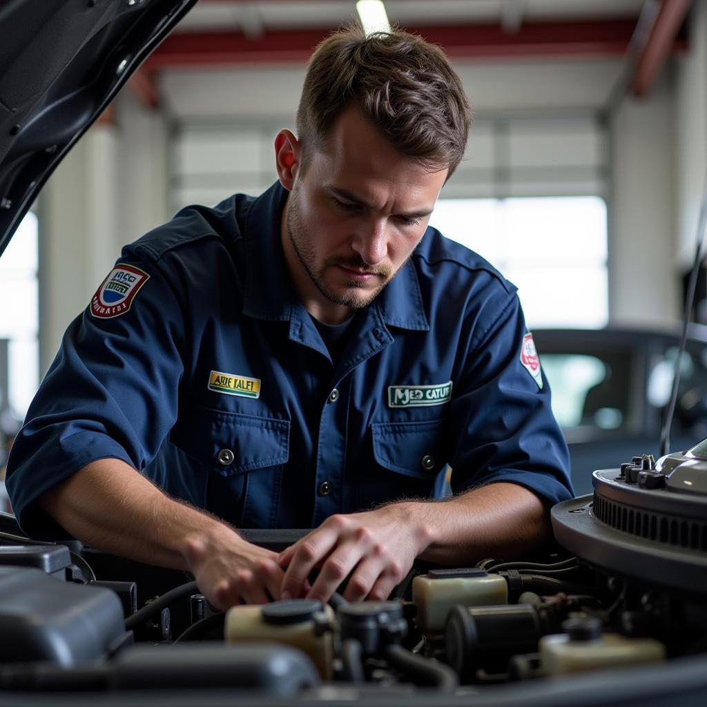 Mechanic with ASE certification working on a car engine