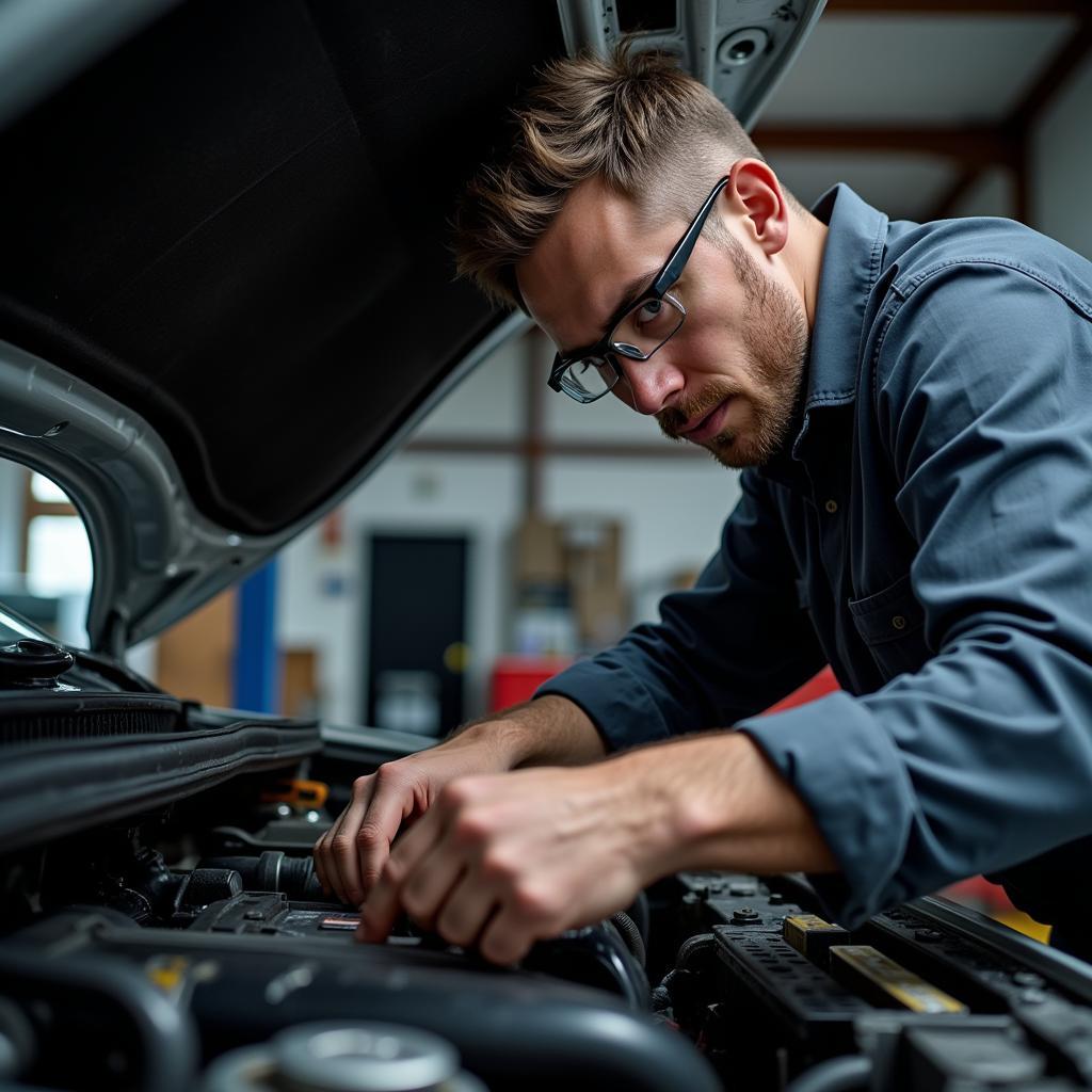 Mechanic Working on Car Engine