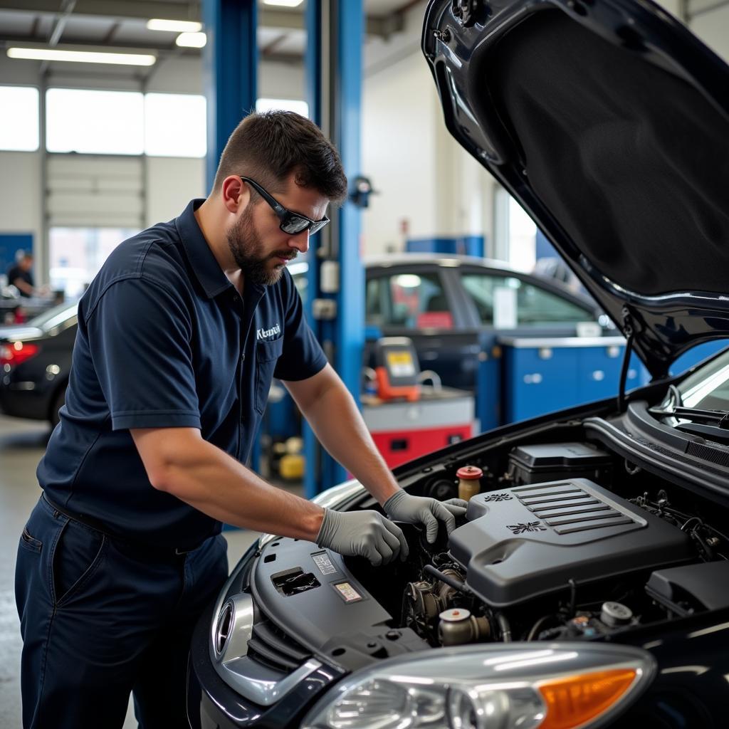 Mechanic Working on a Car Engine in a Repair Shop