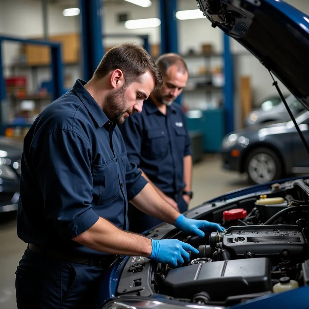 Mechanic Working on Car Engine in a Garage