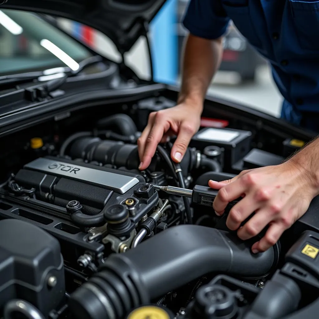 Mechanic Working on Electric Car Engine