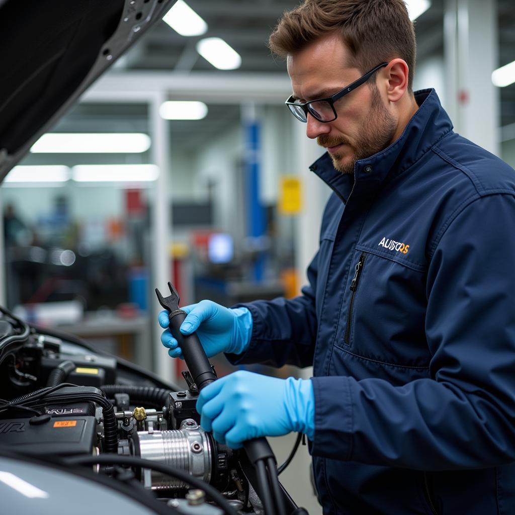 Mechanic working on electric car engine in a modern workshop