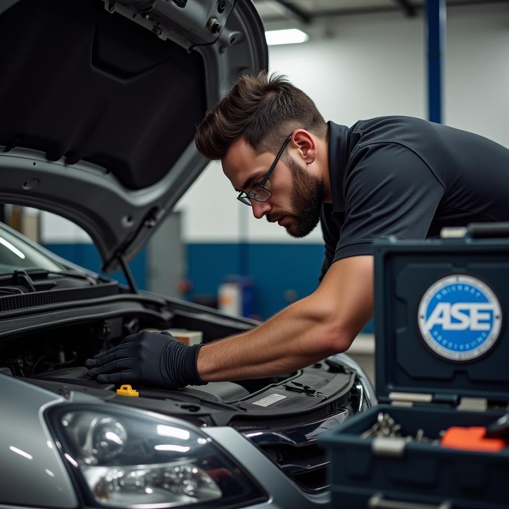 ASE Certified mechanic engrossed in repairing a car engine