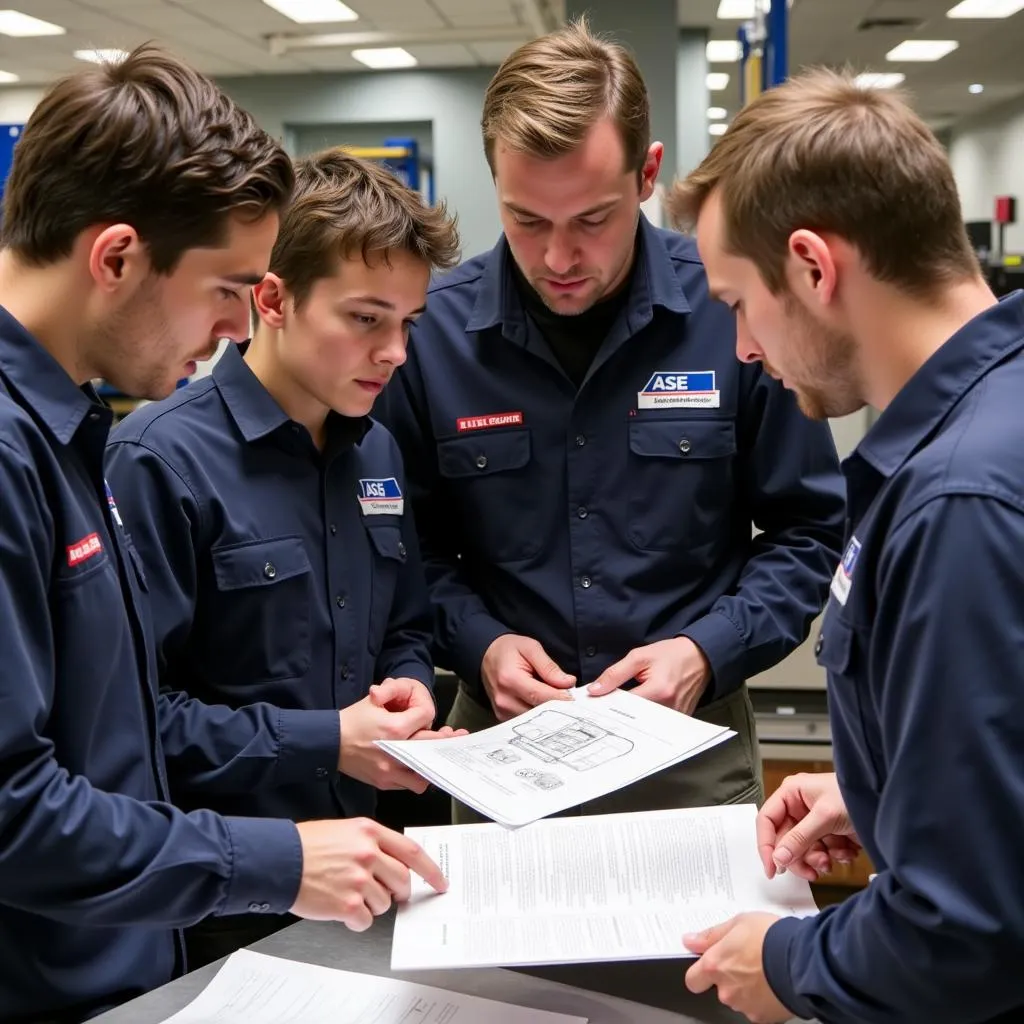 Group of Mechanics Studying for ASE Certification