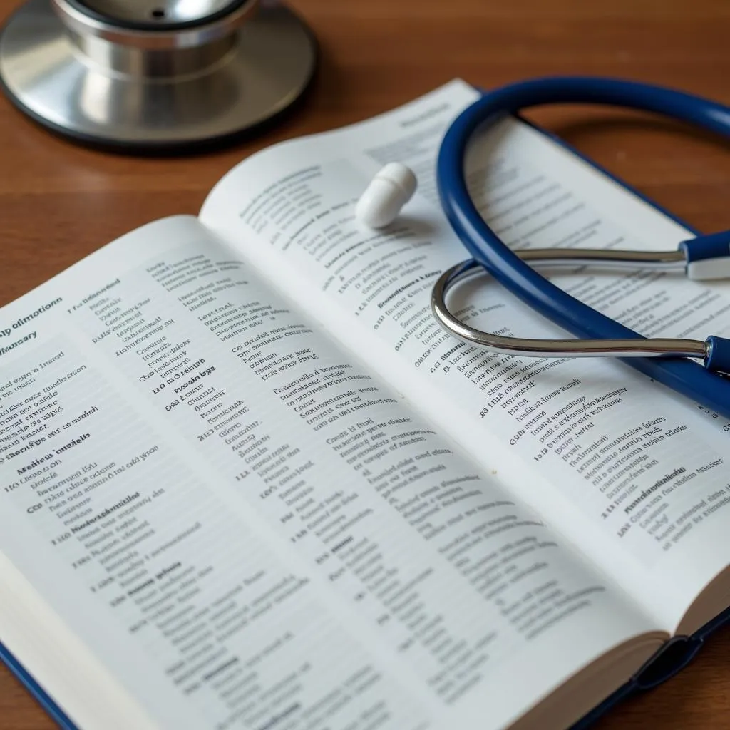 Medical Dictionary and Stethoscope on Desk