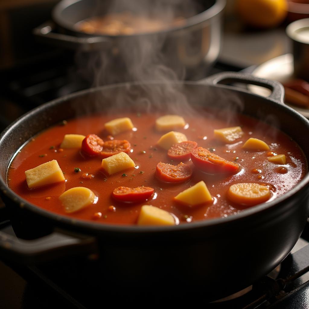 Pot of Menudo simmering on a stove