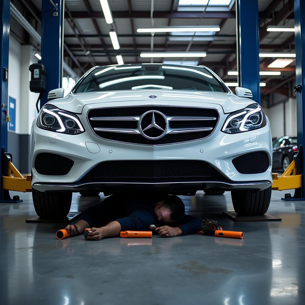 Routine maintenance being performed on a Mercedes Benz