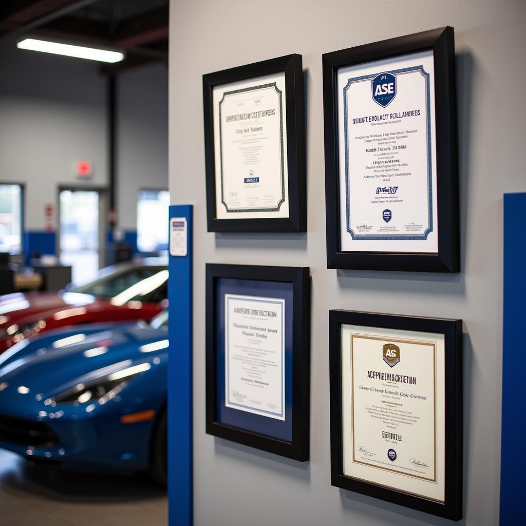 Midas shop interior with ASE certifications prominently displayed on the wall