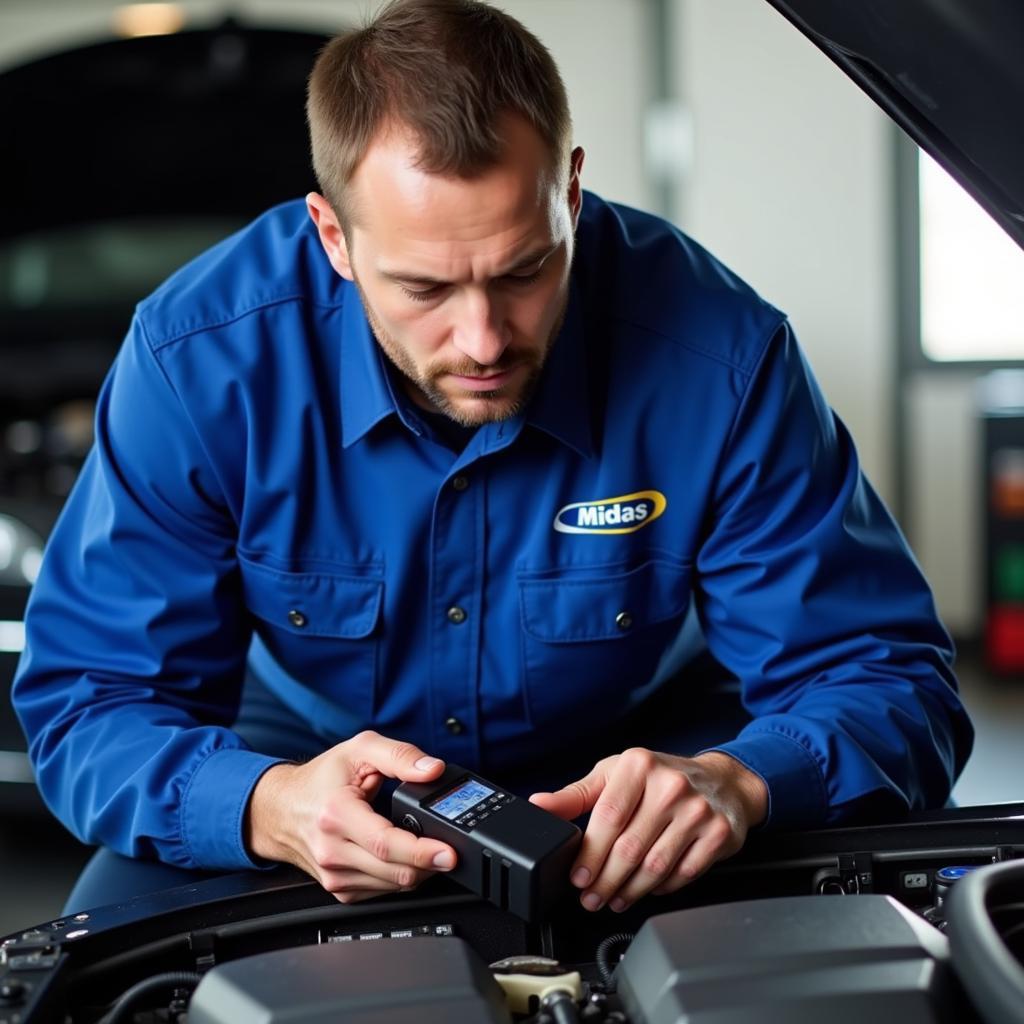 Midas technician working on a car in a garage