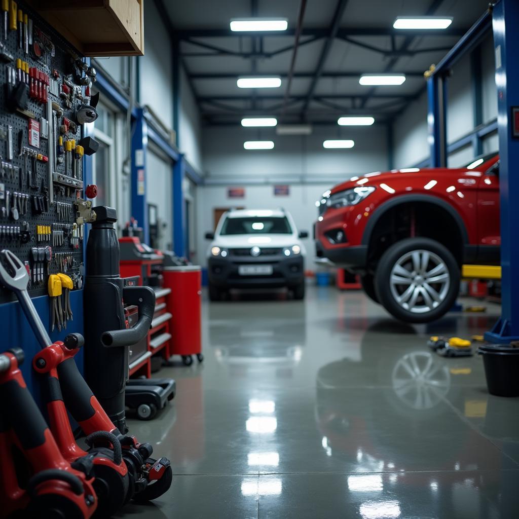 Clean and organized interior of a modern car repair shop