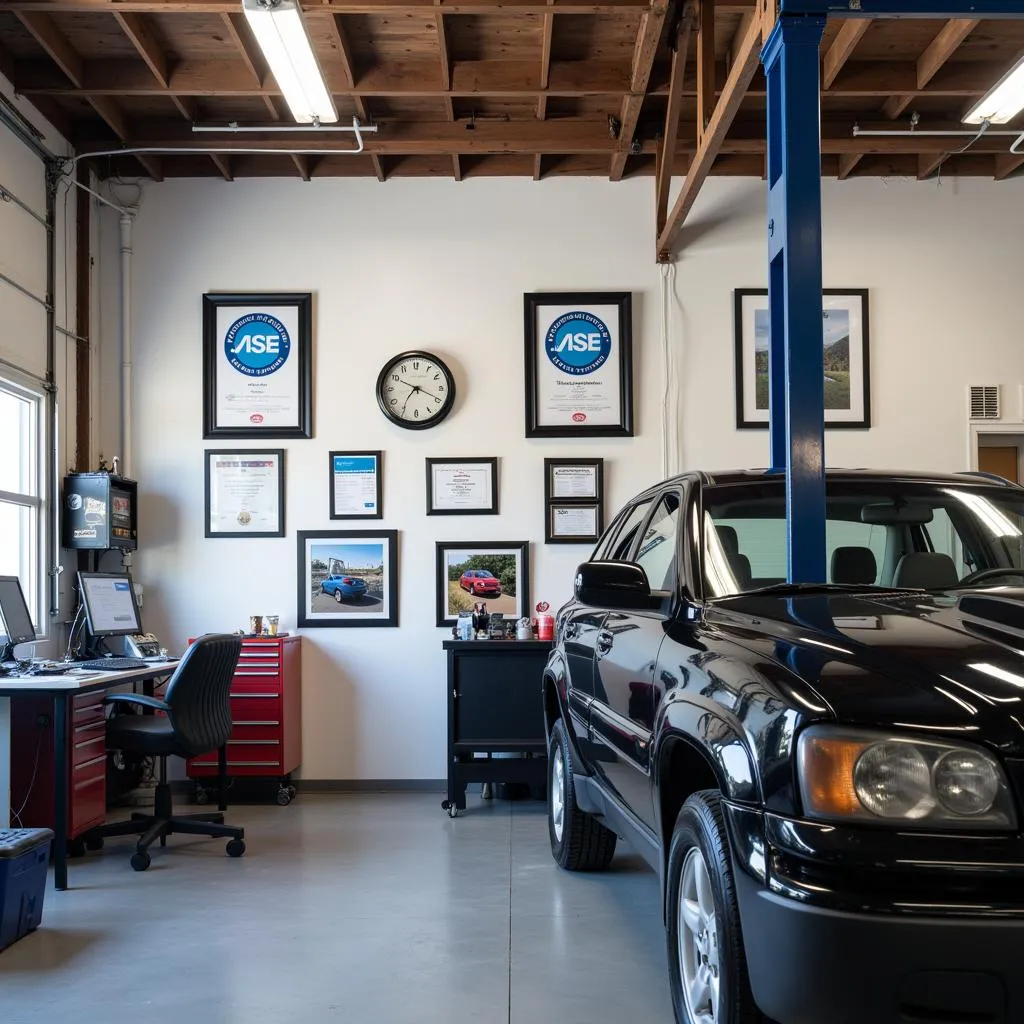 Modern Car Repair Shop Interior with ASE Certifications Displayed