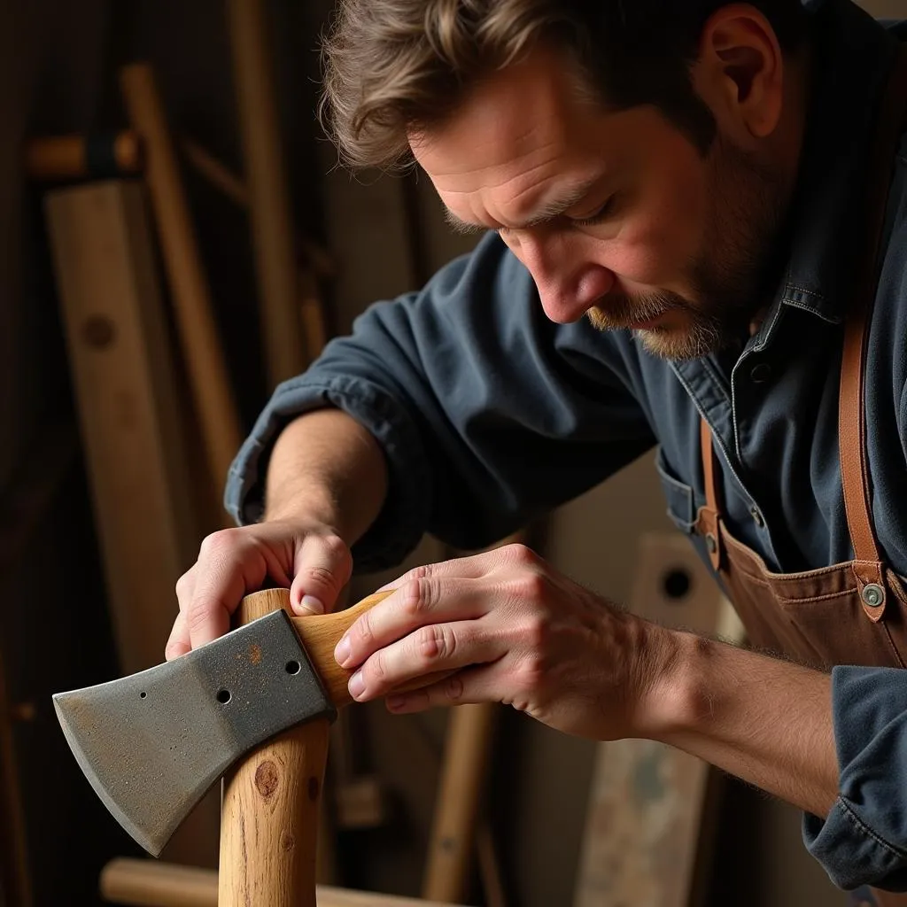 Modern Craftsman Skillfully Crafting a Wooden Axe