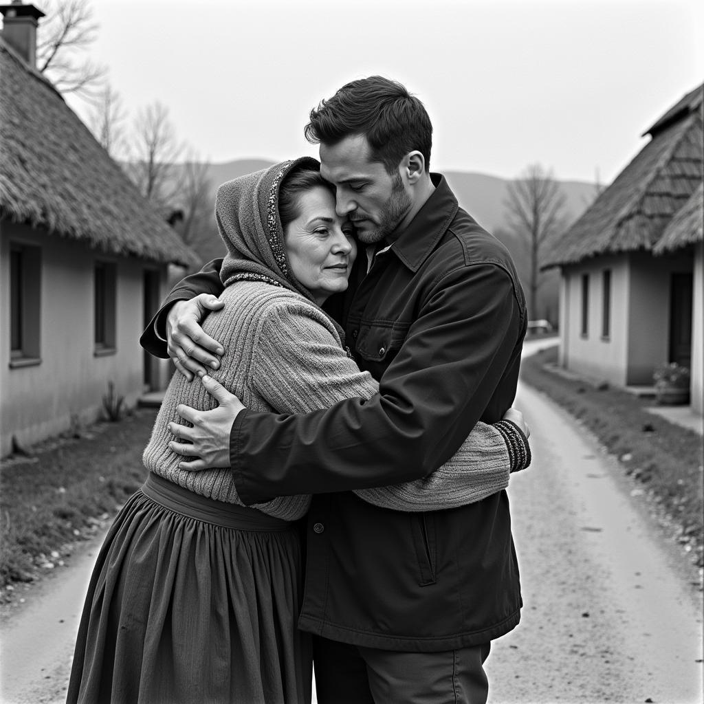 Mother and Son Embrace in Romanian Village