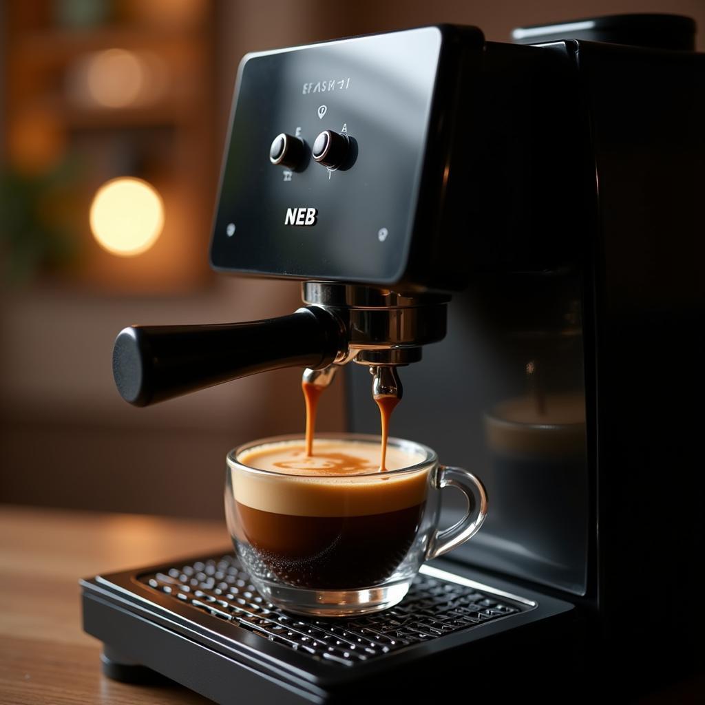 A close-up of the NEB espresso machine brewing a cup of ASEAN coffee