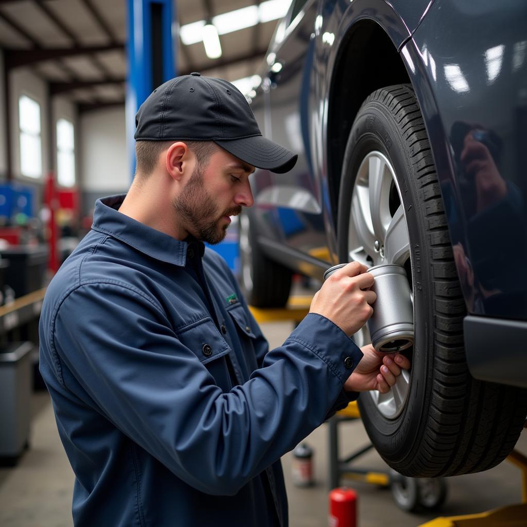 Mechanic performing an oil change in Northwest Indiana