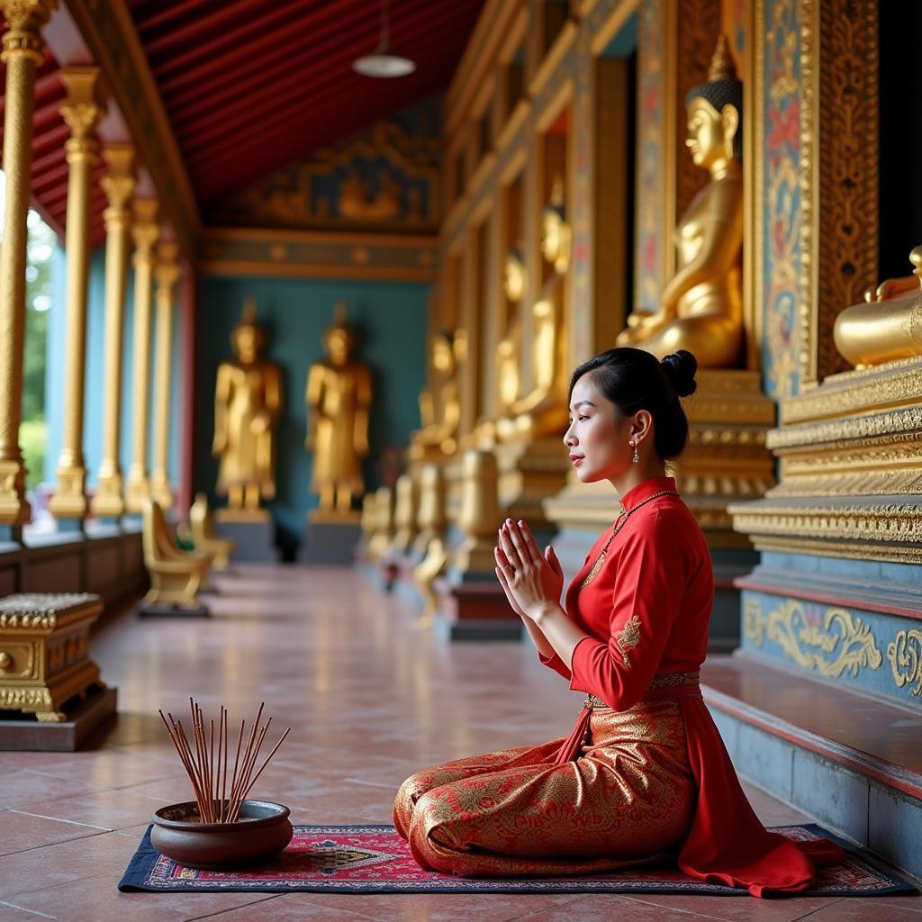 A woman in Thailand offering incense at a temple