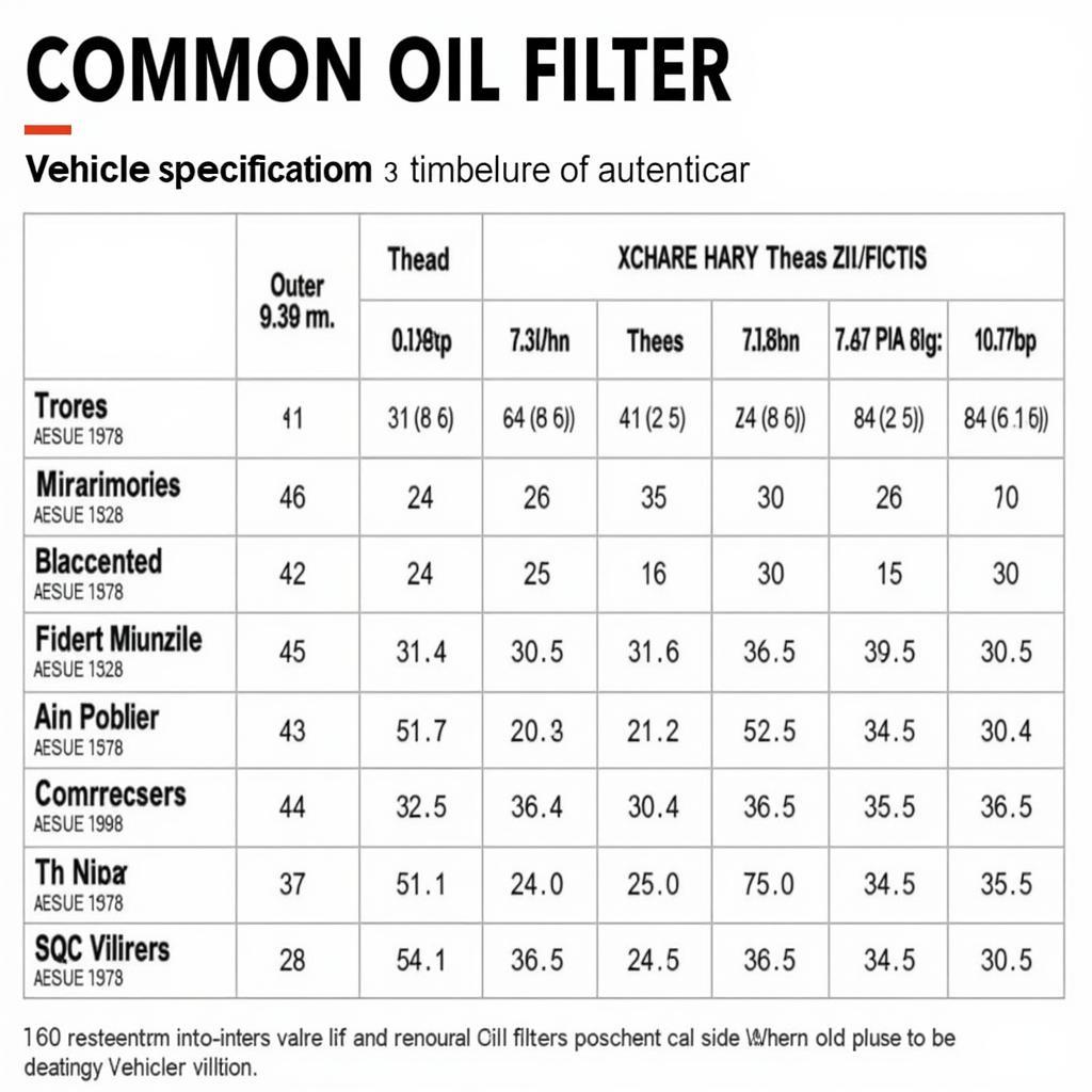 ASEAN Oil Filter Specification Chart