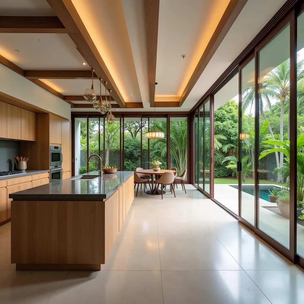 Open-Plan Kitchen in an Asean Villa with Garden View