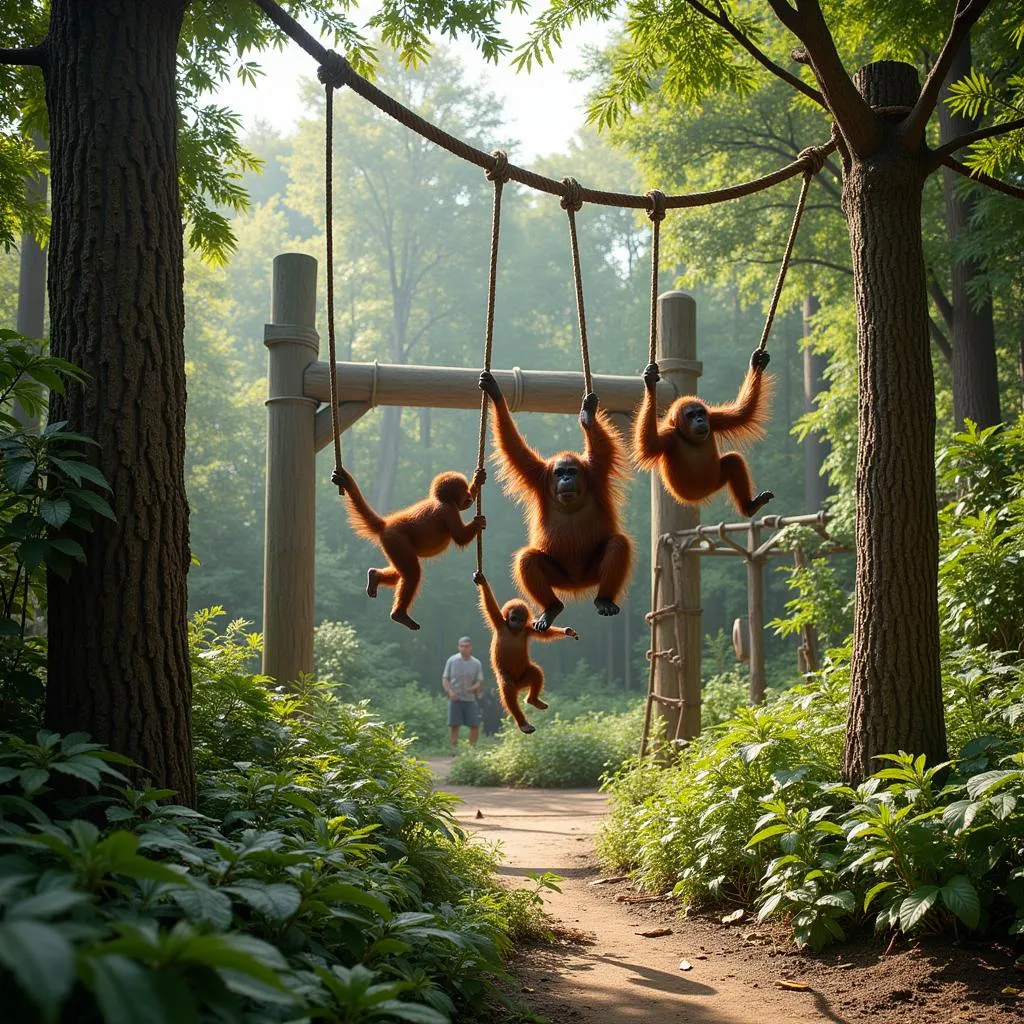 Orangutan Family in a Zoo Enclosure