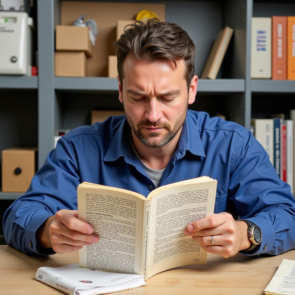 Technician holding an outdated ASE study guide