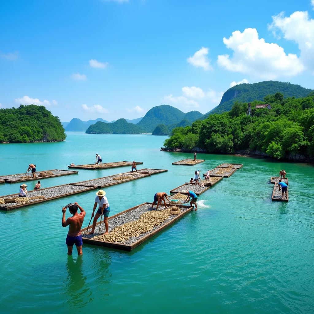 Pearl farm in Southeast Asia with workers tending to oysters