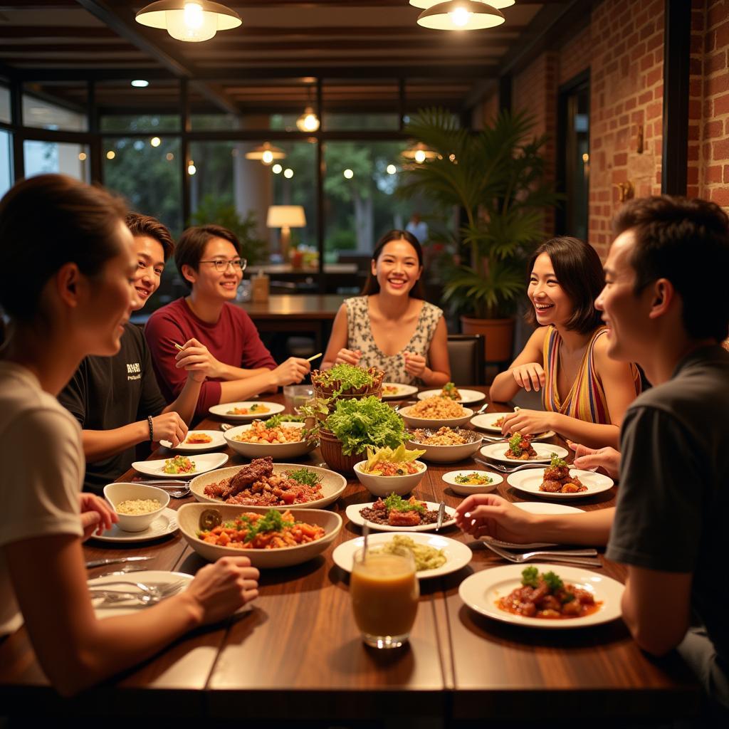 A group of people smiling and enjoying food at an ASEAN buffet