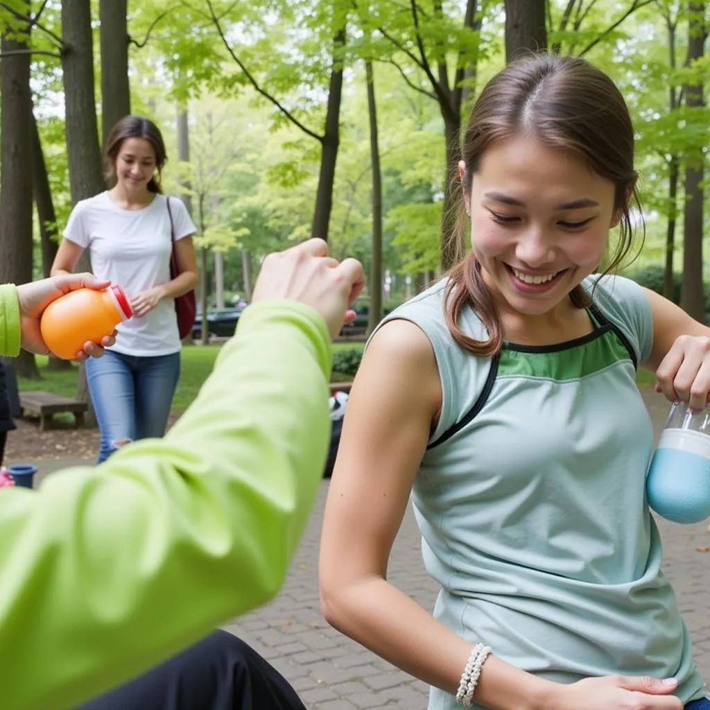 A person refills their reusable water bottle at a public water fountain.