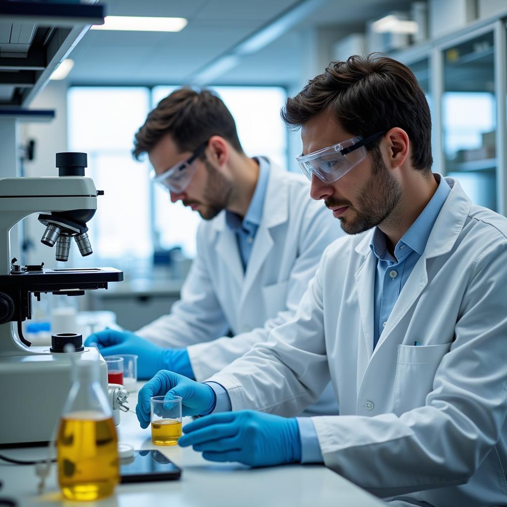 Scientists conducting research in a pharmaceutical laboratory